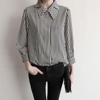 Cutout-collar Stripe Shirt