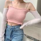 Long-sleeve Off-shoulder Chain Strap Knit Top Pink - One Size