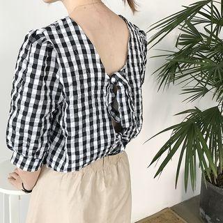 Elbow-sleeve Tie-back Gingham Top