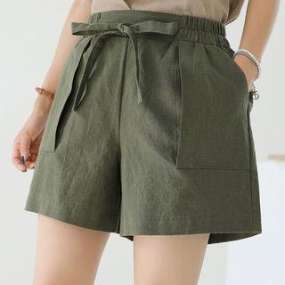 Tie-waist Pocket-detail Linen Blend Shorts