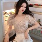 Puff-sleeve Flower Print Blouse / Wide-leg Pants