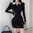 Long-sleeve Two-tone Collared Knit Mini Sheath Dress Black - One Size