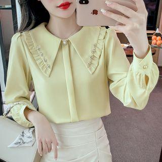 Long-sleeve Rhinestone Wide Collar Blouse