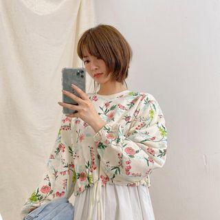Drawcord-hem Crop Floral Sweatshirt