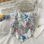 Ribbon-back Printed Crop Top White - One Size