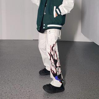 Flame Embroidered Straight Leg Pants