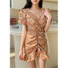 Ruched Flounced Floral Minidress
