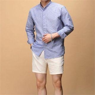Mandarin-collar Checked Seersucker Shirt