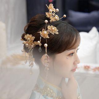 Set: Flower Faux Pearl Alloy Earring + Hair Stick + Headpiece