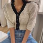V-neck Contrast-trim Cropped Cardigan Cream - One Size
