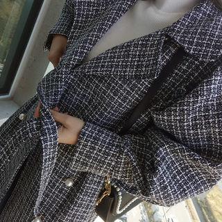 Faux-pearl Tweed Coat With Sash Black - One Size