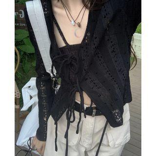 Long-sleeve Eyelet Lace Tie-front Top / Cropped Camisole Top