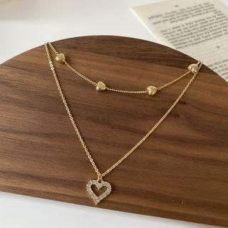 Heart Rhinestone Pendant Alloy Necklace Love Heart Necklace - Gold - One Size