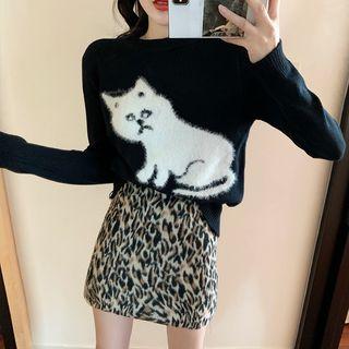 Cat-print Knit Top / Leopard-print Mini Skirt