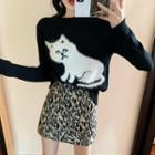 Cat-print Knit Top / Leopard-print Mini Skirt