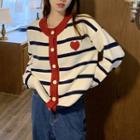 Heart & Striped Knit Cardigan White & Blue - One Size