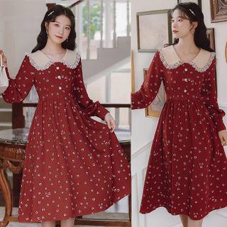 Long-sleeve Peter Pan Collar Patterned Midi A-line Dress