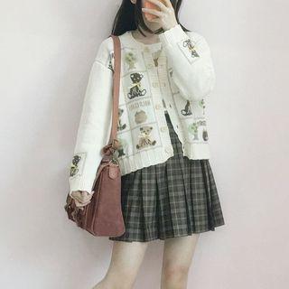 Printed Cardigan / Plaid Pleated Skirt