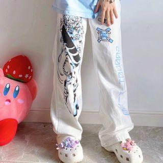 Print Straight Leg Pants White - One Size