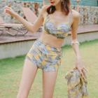 Set: Print Bikini Top + Swim Shorts + Cold Shoulder Print Cover-up