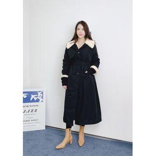 Eco-fur Lining Long Trench Coat Black - One Size