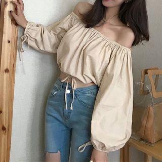 Off-shoulder Long-sleeve Drawstring-hem Cropped Blouse