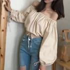 Off-shoulder Long-sleeve Drawstring-hem Cropped Blouse