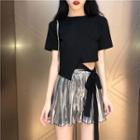 Tie-accent Asymmetric T-shirt / Pleated Shorts