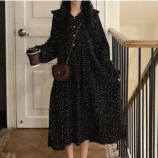 Dotted Long-sleeve Midi Collared Dress