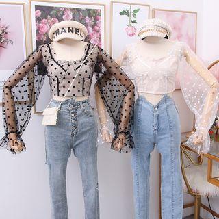Ruffled-trim Sheer Crop Top