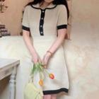 Short-sleeve Collar Contrast Trim Knit Mini A-line Dress