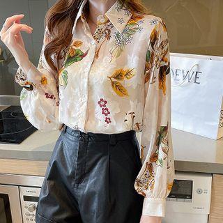 Lantern-sleeve Print Chiffon Shirt