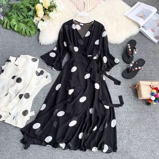 Bell-sleeve Midi Dotted Wrap Dress