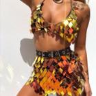 Set: Square Sequined Chain Bralette + Mini Skirt