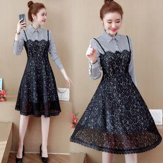 Long-sleeve Striped Panel Midi A-line Lace Dress