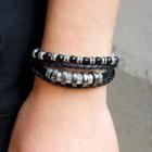 Set Of 2: Genuine Leather Layered Bracelet + Beaded Bracelet Black - One Size
