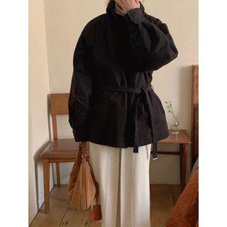 High-neck Belted Quilted Jacket