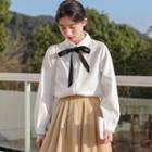 Tie-neck Long-sleeve Blouse White - One Size