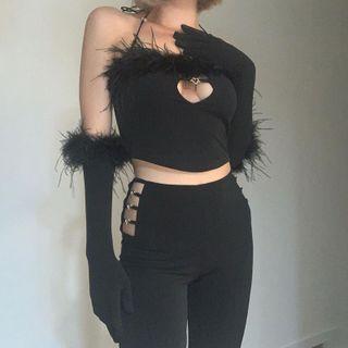 Fluffy Trim Halter-neck Top