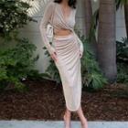 Set: Plain Twist-front Long-sleeve Cropped Top + Plain High-waist Side-slit Skirt