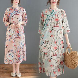 Elbow-sleeve Floral Embroidered Midi Shift Qipao Dress