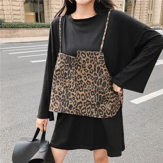 Set: Long-sleeve T-shirt + Leopard Print Spaghetti-strap Top Tshirt - One Size / Strap - One Size