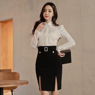 Set: Plain Shirt + Slit Hem Pencil Skirt