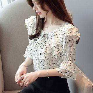 Print Elbow-sleeve Ruffle Chiffon Blouse