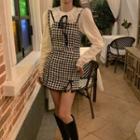 Ruffled Blouse / Houndstooth Mini A-line Overall Dress