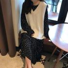 V-neck Knit Top / Long-sleeve Dotted Maxi A-line Dress