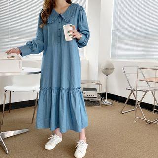 Ruffled Chambray Long Shirtdress Blue - One Size