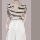 Short-sleeve Striped Polo Shirt Stripes - Almond - One Size
