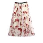 Butterfly Embroidered Mesh Midi A-line Skirt Butterfly - Wine Red - One Size
