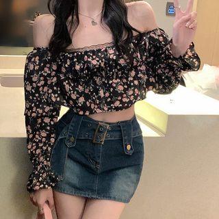 Long-sleeve Off-shoulder Floral Print Crop Top Top - Floral - Pink & Black - One Size
